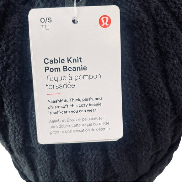 Lululemon Cable Knit Pom Beanie Black Faux Fur Ribbed Winter Hat One Size - Picture 3 of 8